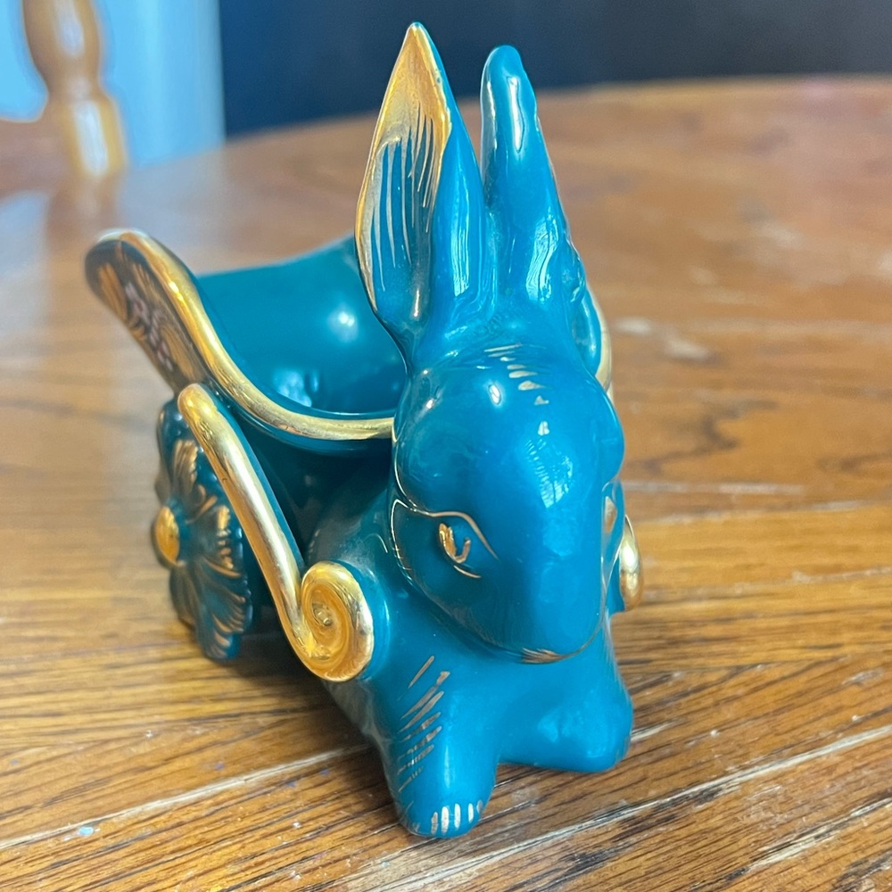 Antique Emerald Green and Gold Ceramic Rabbit Figurine - planter